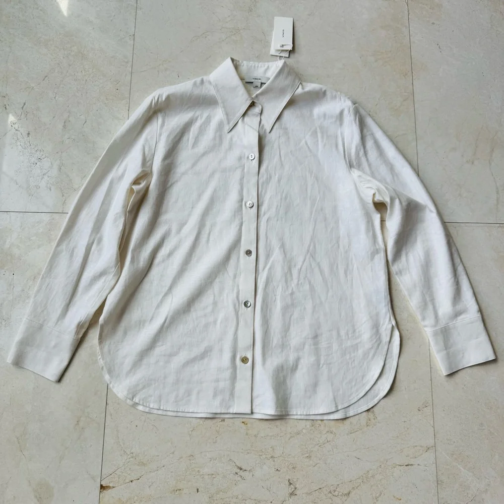Vince Classic White linen blend Button-Up Shirt size M - Picture 7 of 16